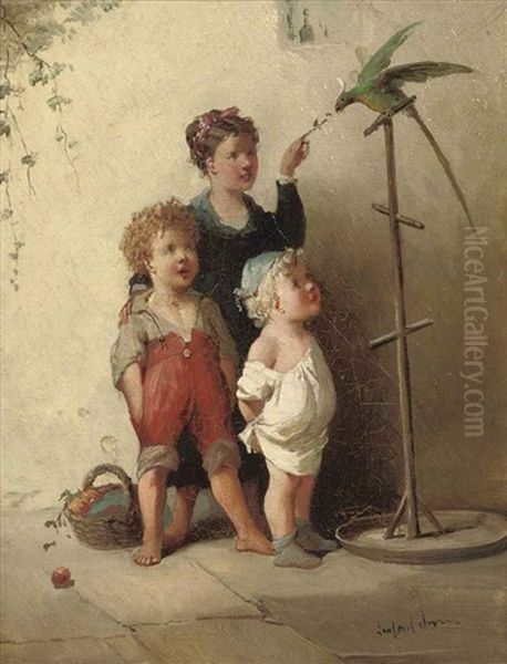 Playing With The Parrot In The Courtyard Oil Painting by Francois-Louis Lanfant