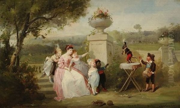 L'heureuse Famille Et Le Singe Savant Oil Painting by Francois-Louis Lanfant