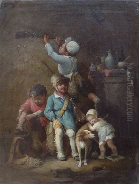 Les Jeunes Enfants Se Preparant Pour La Chasse Oil Painting by Francois-Louis Lanfant