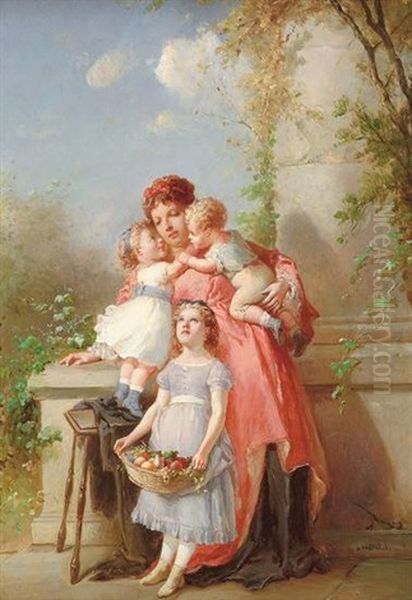 Mutter Mit 3 Kindern Vor Steinerner Balustrade An Einem Sommertag Oil Painting by Francois-Louis Lanfant