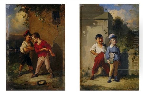 Les Petits Chamailleurs (+ L'ecolier Et Le Garnement; Pair) Oil Painting by Francois-Louis Lanfant