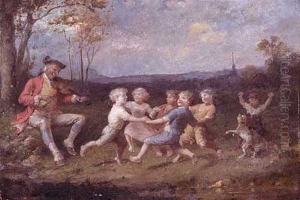 Children Dancing To An Old Fiddle Player (+ Another; Pair) Oil Painting by Francois-Louis Lanfant