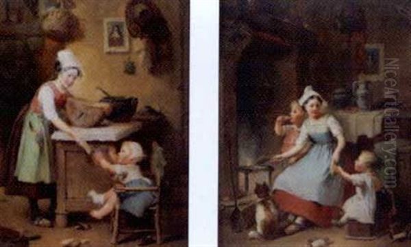 Hausliche Szene Mit Kindern (+ Another Similar; Pair) Oil Painting by Francois-Louis Lanfant