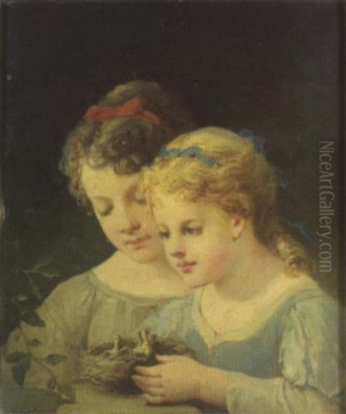 Deux Petites Filles Decouvrant Un Nid D'oisillons Oil Painting by Francois-Louis Lanfant