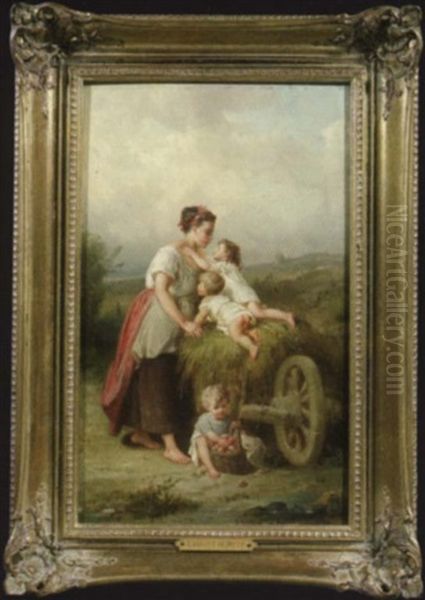 Bauerin Mit Ihren Drei Kindern An Einem Beladenen Heukarren Oil Painting by Francois-Louis Lanfant