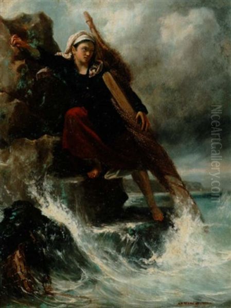 En Fiskerpige Overraskes Af Havet Oil Painting by Francois-Louis Lanfant