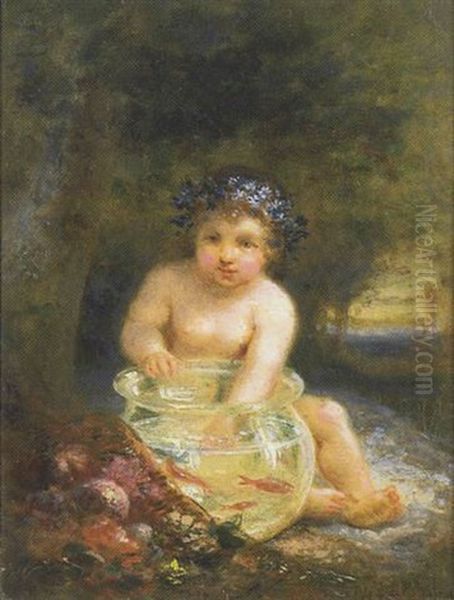 Enfant Jouant Avec Des Poissons Rouges Oil Painting by Francois-Louis Lanfant