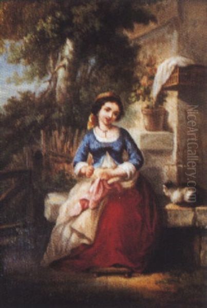 Jeune Fille A La Couture Oil Painting by Francois-Louis Lanfant