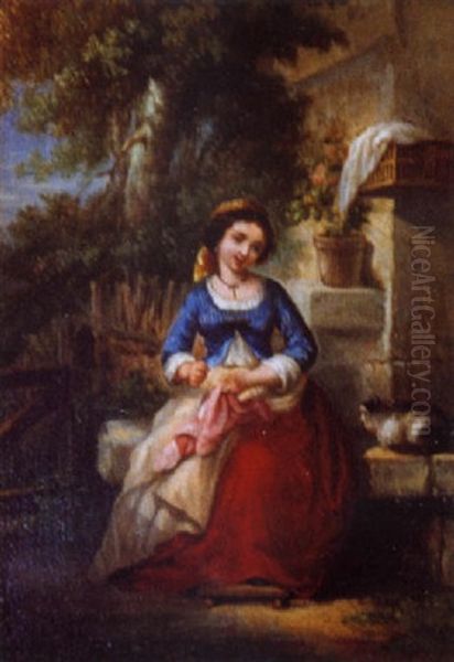 La Jeune Couturiere Et Le Chat Oil Painting by Francois-Louis Lanfant