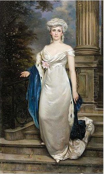 Portrait Of A Lady In A White Satin Dress Oil Painting by Pablo Antonio Bejar Novella