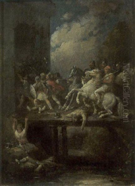 Cavalier Entrant Dans Une Forteresse Oil Painting by Francois-Louis Lanfant