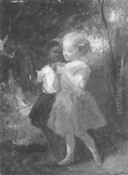 The Bird Nest - Genre Scene With Two Young Girls Oil Painting by Francois-Louis Lanfant