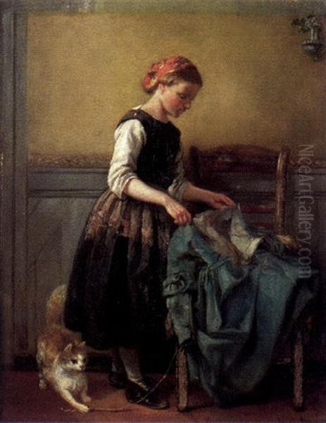 Jeune Fille Essayant Une Robe Oil Painting by Francois-Louis Lanfant