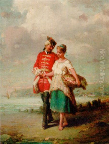 Un Soldat Avec Une Fille Sur La Plage Oil Painting by Francois-Louis Lanfant