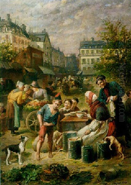 A Busy Marketplace Oil Painting by Francois-Louis Lanfant