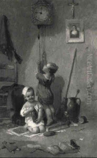 Enfants A L'horloge Oil Painting by Francois-Louis Lanfant