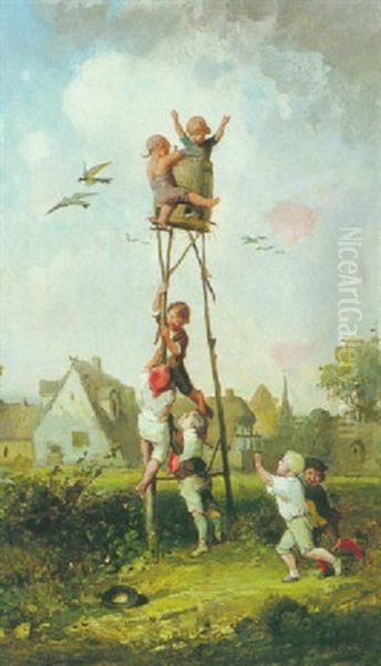 Children Playing On Stilts Oil Painting by Francois-Louis Lanfant