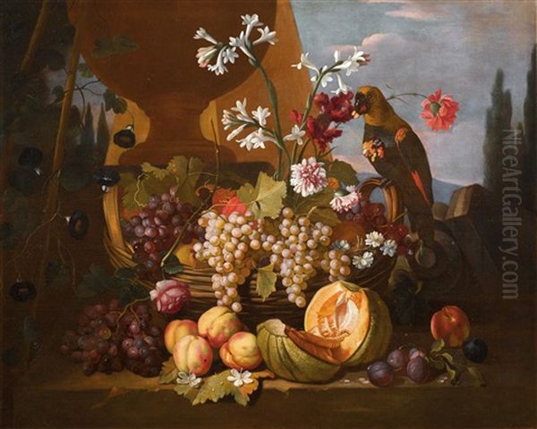 A Parrot, A Melon, Peaches And A Basket With Grapes Oil Painting by Carlo Lanfranchi