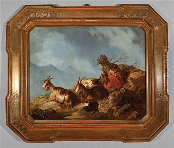 Shepherd And Goats Resting And Cattle And Goats (2 Works) Oil Painting by Giuseppe Lanfranchi