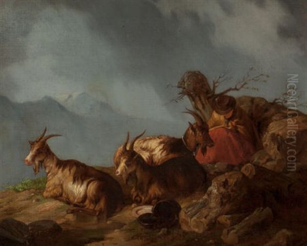 Pastoral Scenes With Cows And Goats (two Works) Oil Painting by Giuseppe Lanfranchi