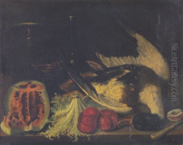 Tischstillleben Mit Topfen, Obst, Gemuse Und Einer Ente Oil Painting by Giuseppe Lanfranchi