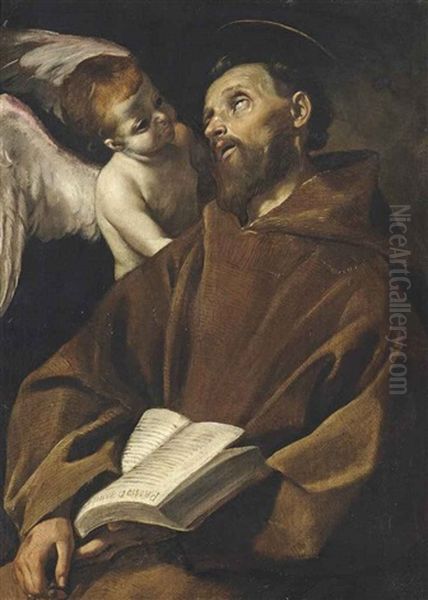 Saint Francis Reading The Passio Domini Nostri Jesu Christi In Ecstasy Supported By An Angel Oil Painting by Giovanni Lanfranco