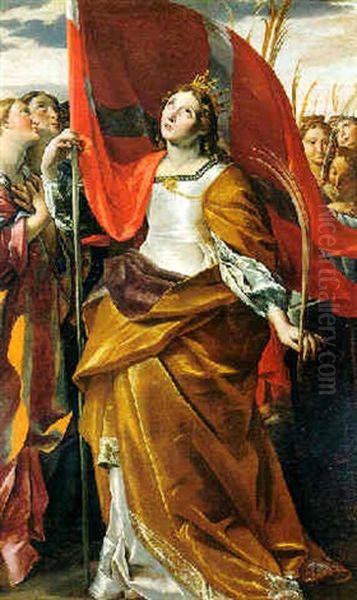 Saint Ursula Holding A Banner And A Palm Branch Looking Toward Heaven With Her Accompanying Virgins Holding Their Branches Of Martyrdom Oil Painting by Giovanni Lanfranco