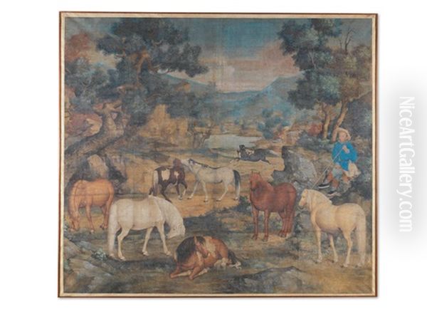 A Monumental And Rare Painting Of Horses At Pasture Oil Painting by  Lang Shining (Giuseppe Castiglione)