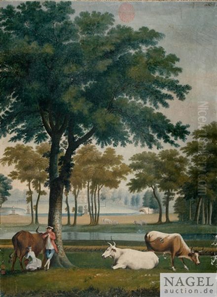 Cattle And Herdsmen In A Baroque Garden Oil Painting by  Lang Shining (Giuseppe Castiglione)