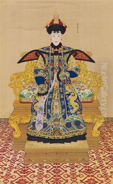 A Large Imperial Portrait Of Consort Chunhui By Giuseppe Castiglione And Others, Title Calligraphy By The Qianlong Emperor Oil Painting by  Lang Shining (Giuseppe Castiglione)