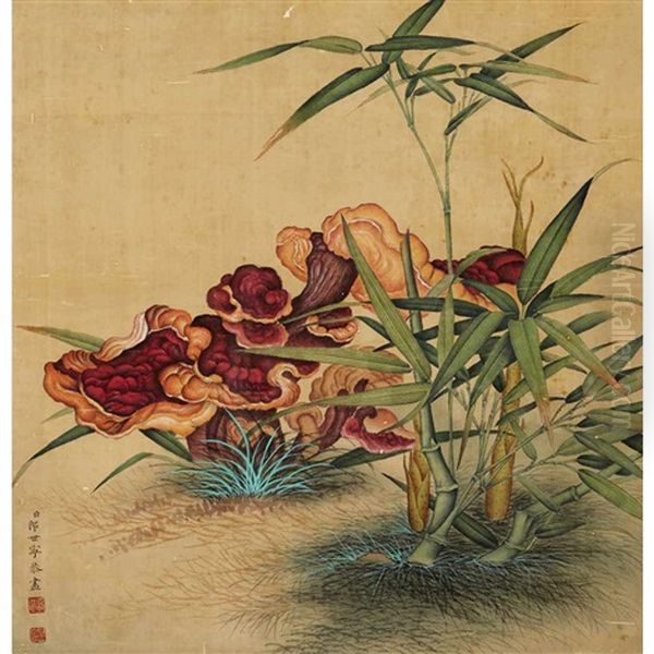 Lingzhi Fungus And Bamboo Oil Painting by  Lang Shining (Giuseppe Castiglione)