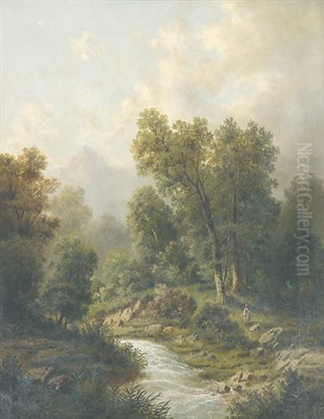 Alpenlandschaft Mit Junger Italienerin In Tracht Bei Einem Bach Oil Painting by Albert Lang