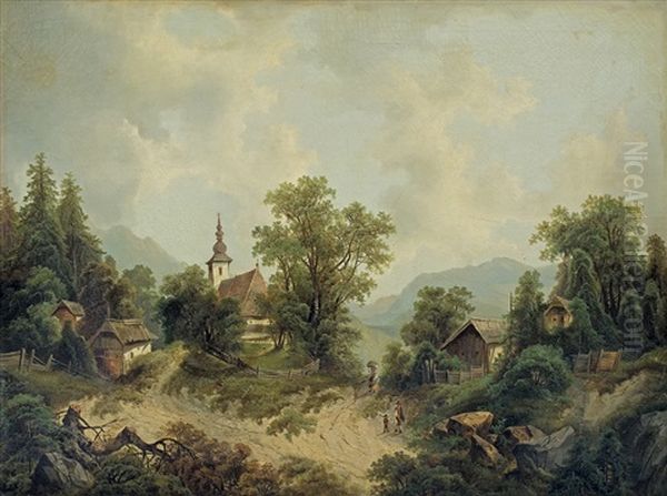 Mountain Landscape With A Church Oil Painting by Albert Lang