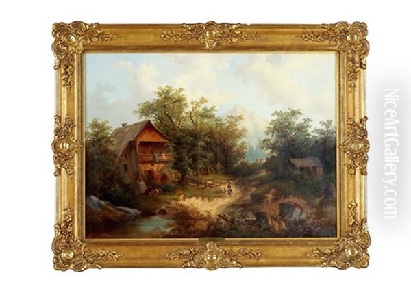 Bauernhof In Waldlichtung Oil Painting by Albert Lang