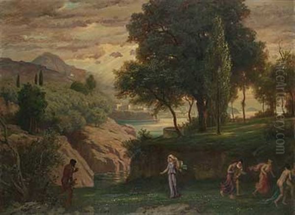 Satyr Erschreckt Die Nymphen In Antiker Ideallandschaft Oil Painting by Albert Lang