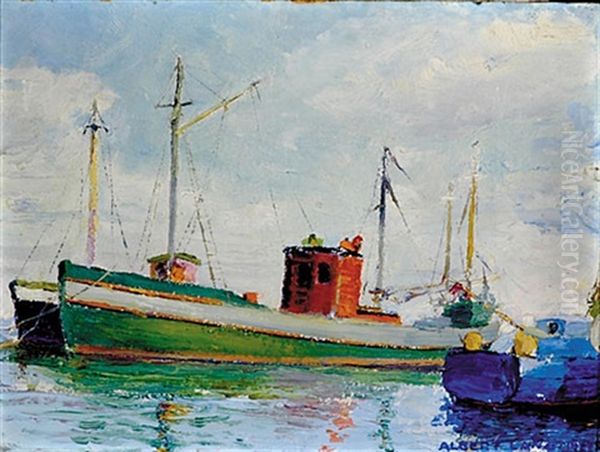 Fishing Boats In Harbor Oil Painting by Albert Lang