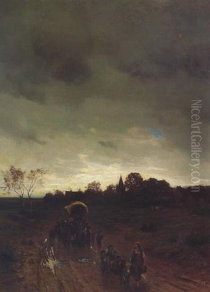 Abendstimmung Mit Fahrendem Volk Am Dorfweg Oil Painting by Albert Lang