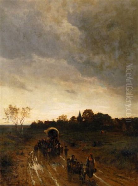 Abendstimmung Mit Fahrendem Volk Am Dorfweg Oil Painting by Albert Lang