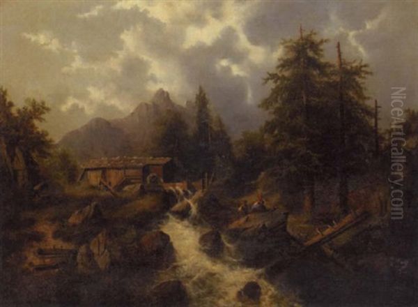 A Mountainous Landscape With A Watermill And Two Figures Seated On A Rock On The Foreground Oil Painting by Albert Lang