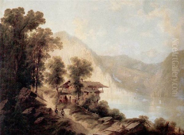 Figures On A Path Near A Mountain Lake Oil Painting by Albert Lang