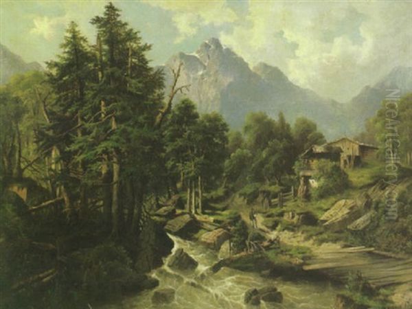 An Extensive Alpine Landscape With A Figure By A Mountain Stream In The Foreground Oil Painting by Albert Lang