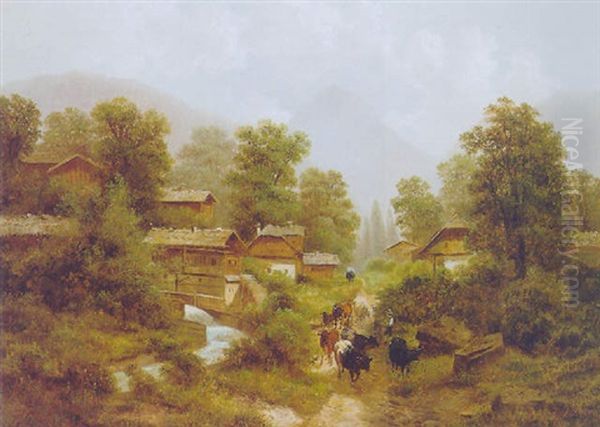 Heimtrieb, Bauernjunge Mit Kuhherde Auf Dem Weg In Ein Alpendorf Oil Painting by Albert Lang