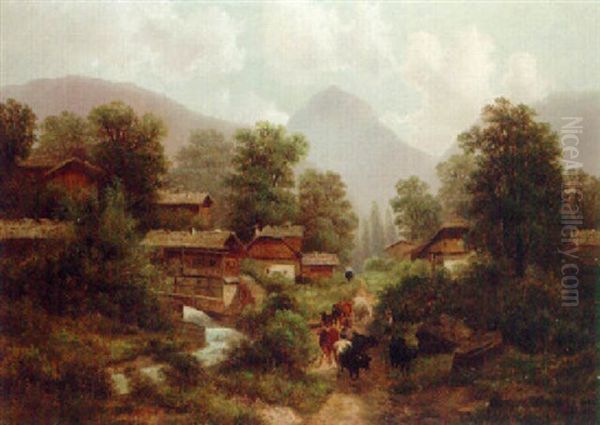 A Peasant Boy And His Cattle Returning Home In An Alpine Village Oil Painting by Albert Lang