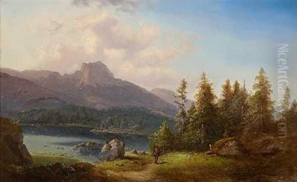 Jager Am Gebirgssee Oil Painting by August Lang