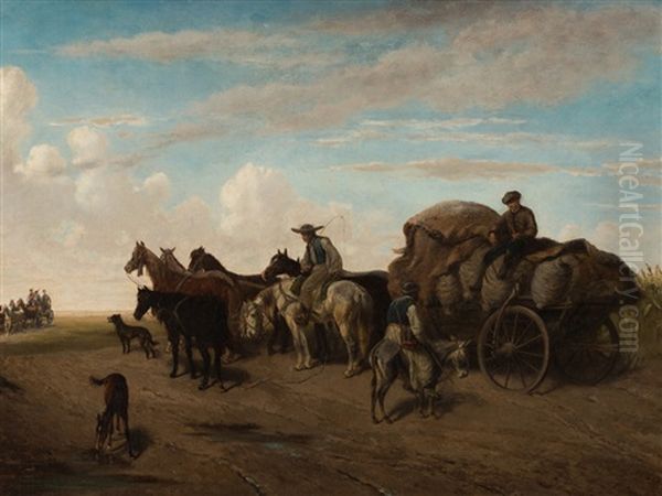 Horse Carriage In Landscape by Heinrich Lang