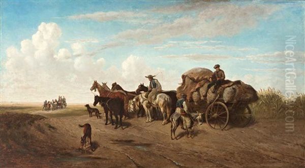 Das Als Extremes Querformat Angelegte Landschaftsbild Zeigt Vor Einem Niedrigen Horizont Ein Pferdegespann Mit Zwei Bauern, Das Einen Wagen Mit Getreidesacken Entlang Eines Feldweges Zieht Oil Painting by Heinrich Lang