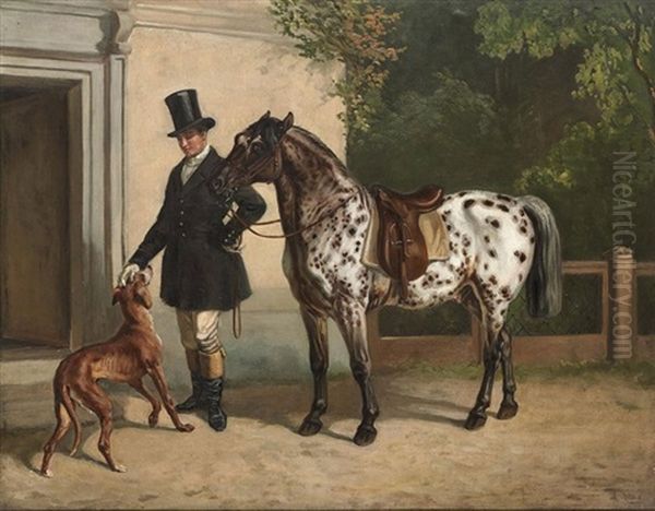 A Huntsman With His Dog And A Piebald Pony Oil Painting by Heinrich Lang