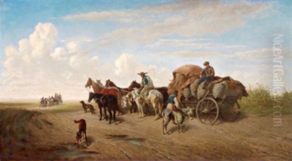 In Der Puszta, Bauern Auf Ihren Fuhrwerken Oil Painting by Heinrich Lang