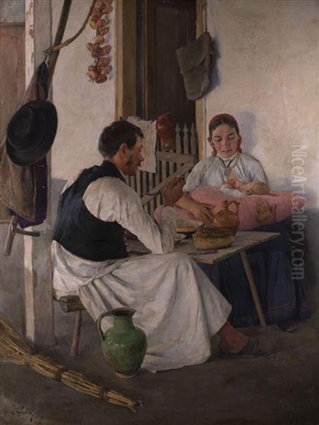 Ungarische Familie Mit Kind Bei Der Brotzeit Oil Painting by Heinrich Lang