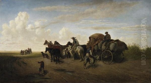 In Der Puszta. Bauern Auf Ihren Pferdefuhrwerken Oil Painting by Heinrich Lang